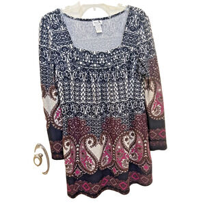 Shana K Artsy Square Neck Tunic Top Large Long Sleeve Boho Retro Vintage
